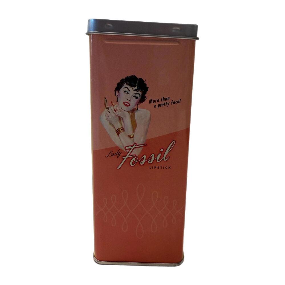 Vintage Lady Fossil Lipstick Tall Rectangular Empty Tin Box